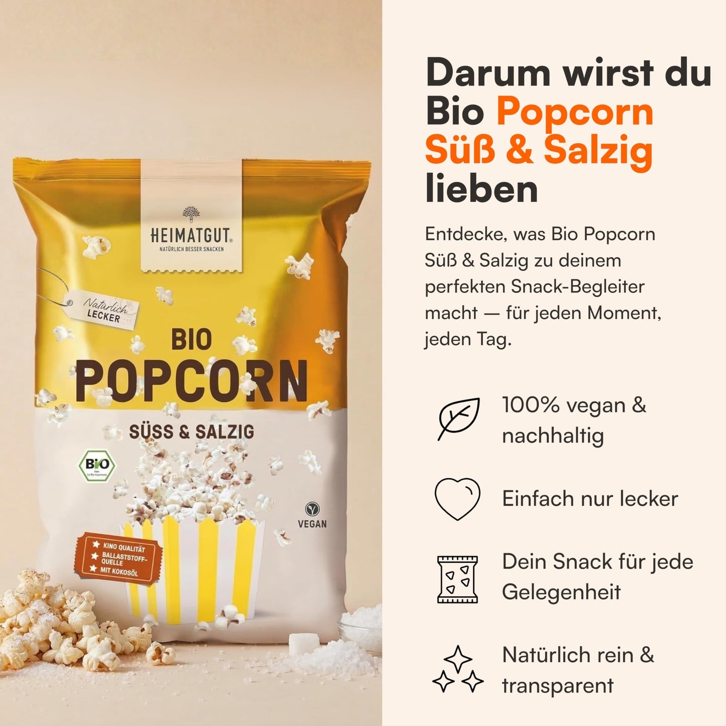Bio Popcorn Süß und Salzig, gepoppt in Bio-Kokosöl ohne Palmöl