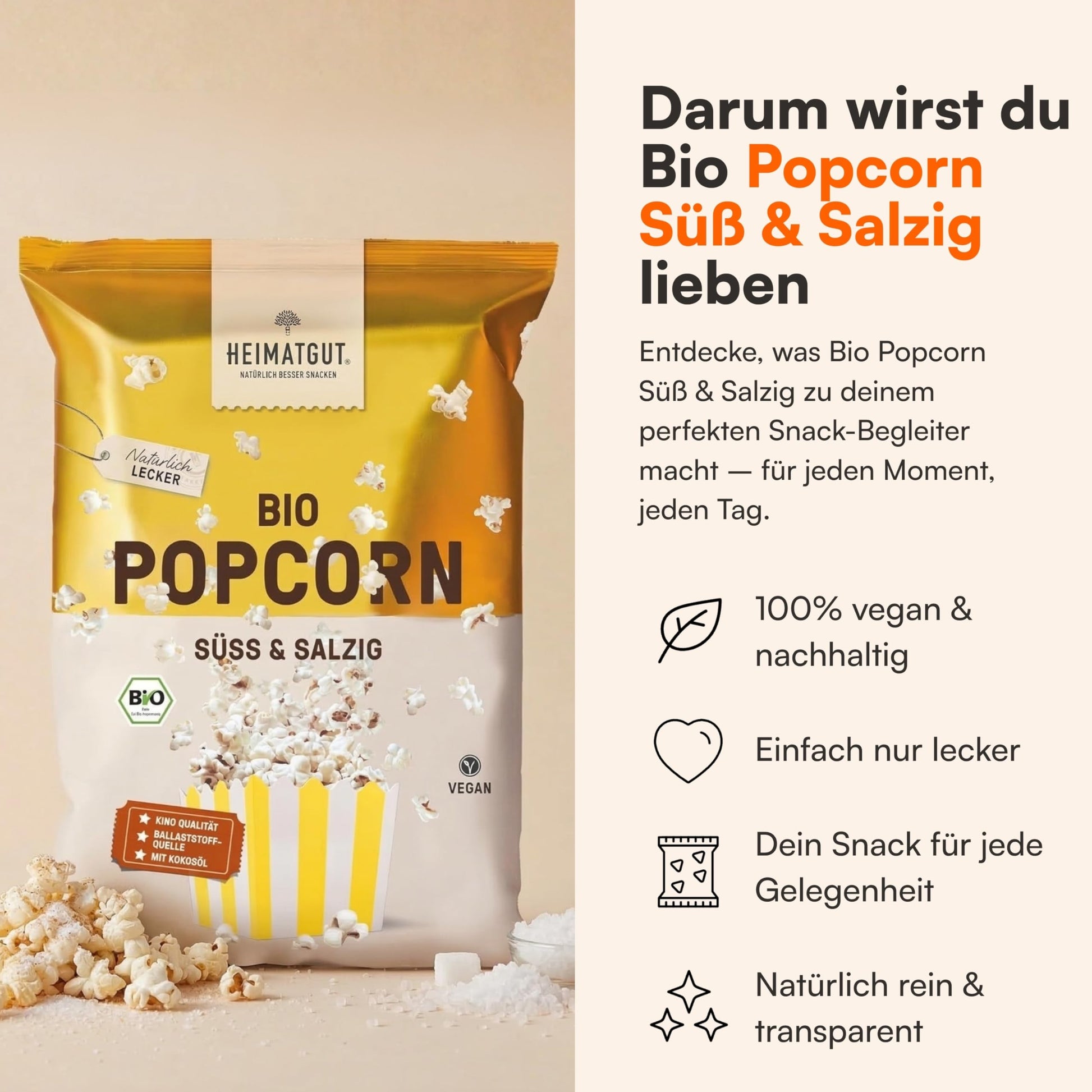Bio Popcorn Süß und Salzig, gepoppt in Bio-Kokosöl ohne Palmöl