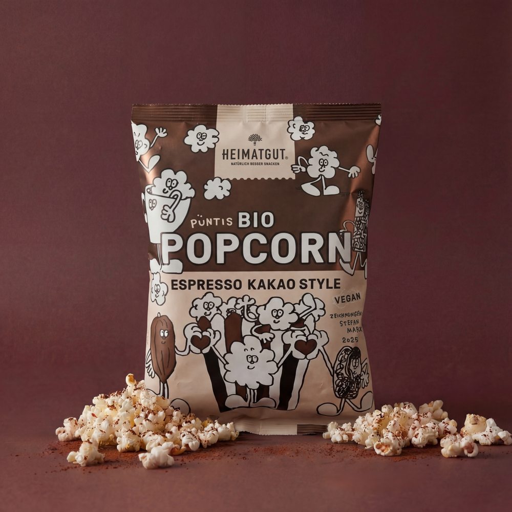 Püntis Bio Popcorn Espresso Kakao Style, Studioaufnahme der Tüte