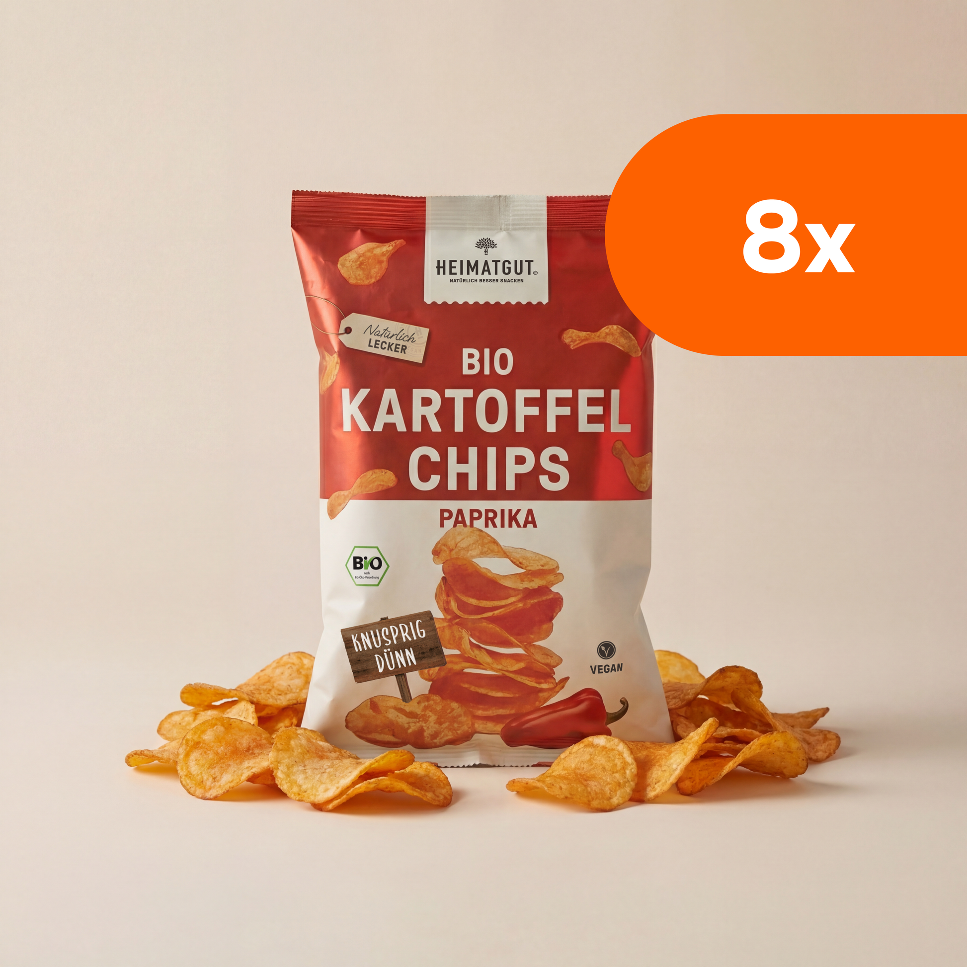 Tüte Bio Kartoffelchips Paprika 125g von Heimatgut, Frontansicht